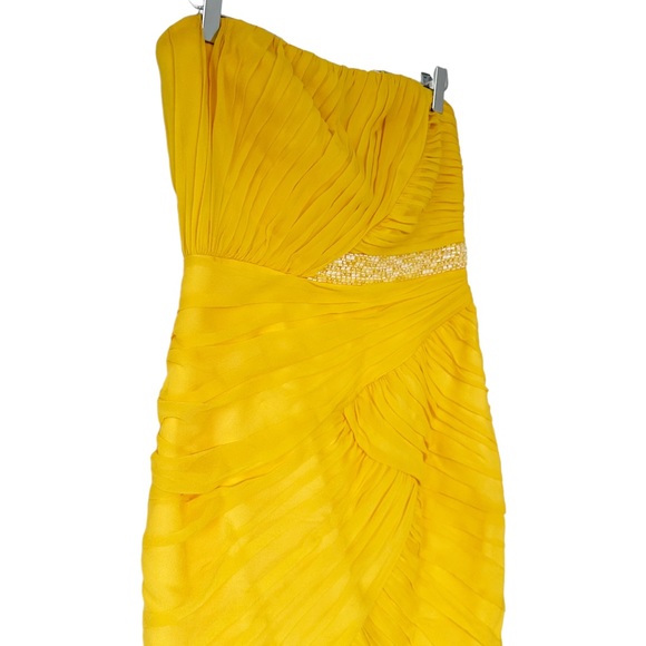 Monique Lhuillier 100% Silk Bright Yellow Beaded Strapless Mini Dress Size 8 - Picture 3 of 11